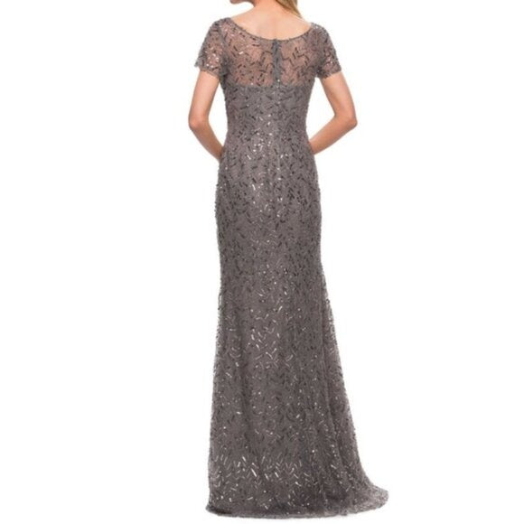 La Femme Gray Beaded Evening Gown Short Sleeve Size 8 Formal Dress