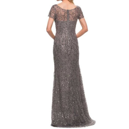La Femme Gray Beaded Evening Gown Short Sleeve Size 8 Formal Dress