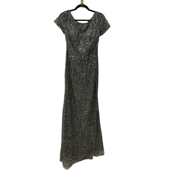 La Femme Gray Beaded Evening Gown Short Sleeve Size 8 Formal Dress