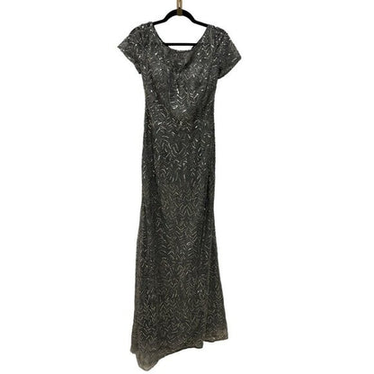 La Femme Gray Beaded Evening Gown Short Sleeve Size 8 Formal Dress