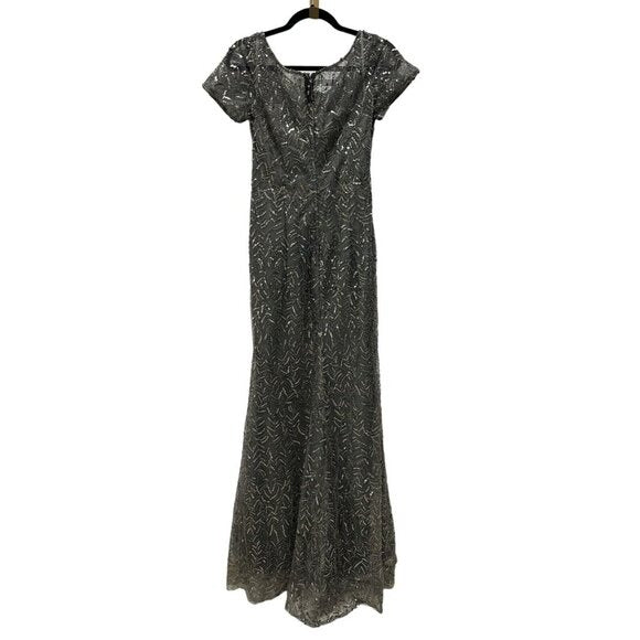 La Femme Gray Beaded Evening Gown Short Sleeve Size 8 Formal Dress
