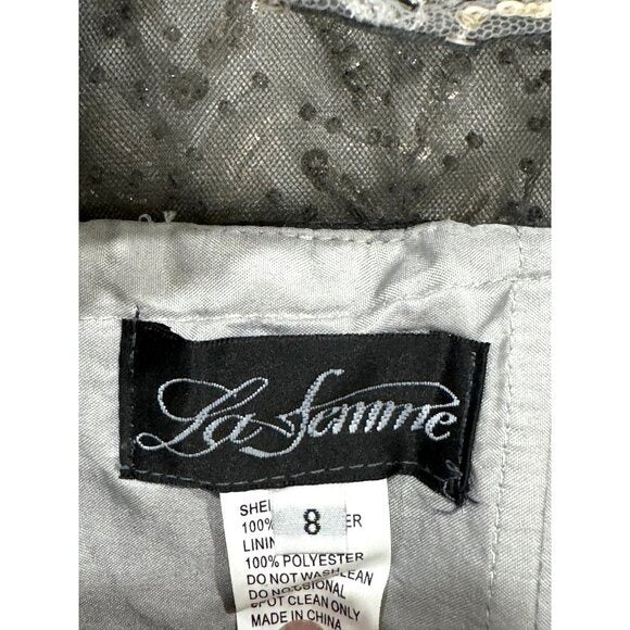 La Femme Gray Beaded Evening Gown Short Sleeve Size 8 Formal Dress