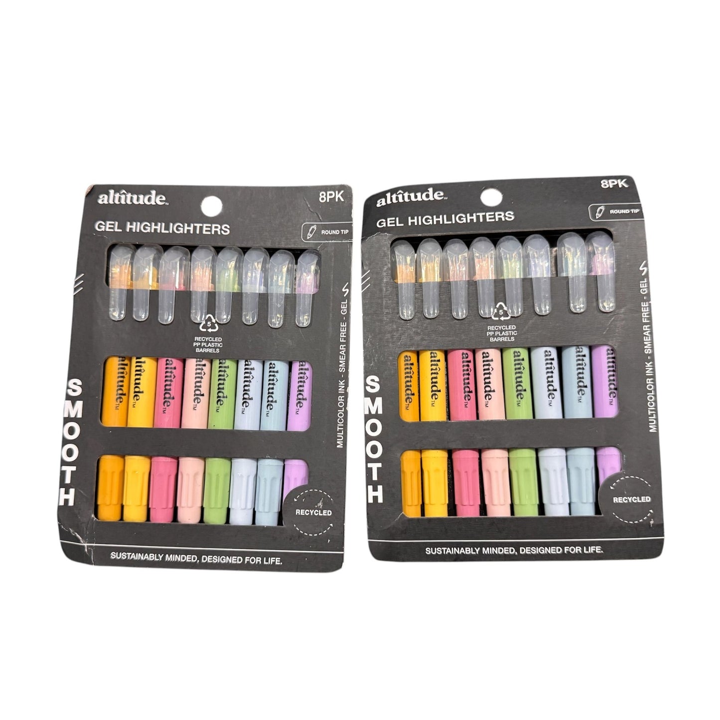 Set of 2 Altitude 8-Pack Gel Highlighters Round Tip Multicolor Ink Smear-Free Recycled Plastic Barrels