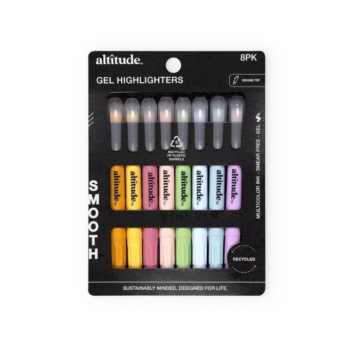 Set of 2 Altitude 8-Pack Gel Highlighters Round Tip Multicolor Ink Smear-Free Recycled Plastic Barrels