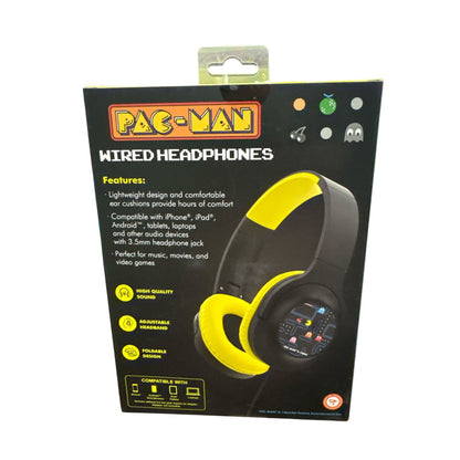 Pac-Man Wired Headphones With Adjustable Headband, Foldable Design, High-Quality Sound, 3.5mm Plug, Black & Yellow