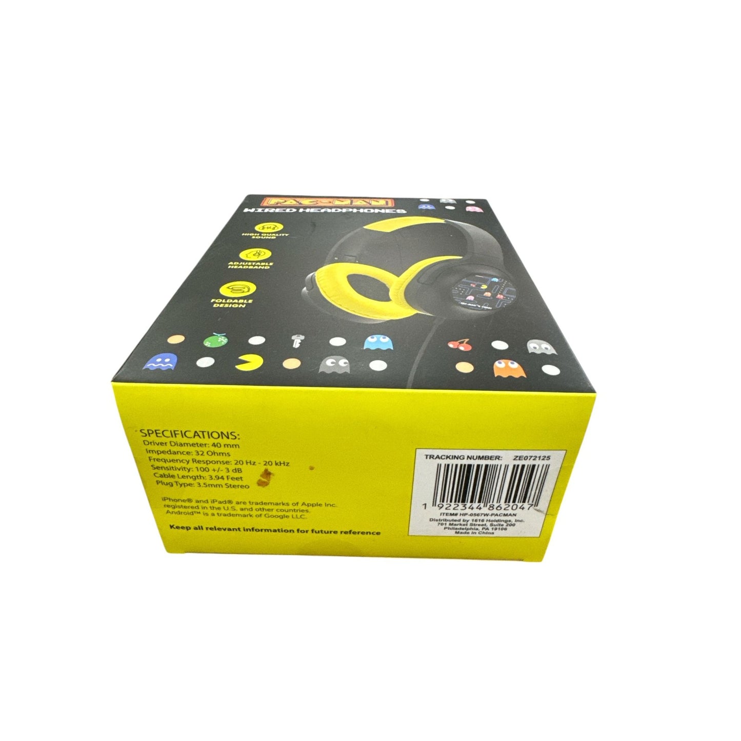 Pac-Man Wired Headphones With Adjustable Headband, Foldable Design, High-Quality Sound, 3.5mm Plug, Black & Yellow