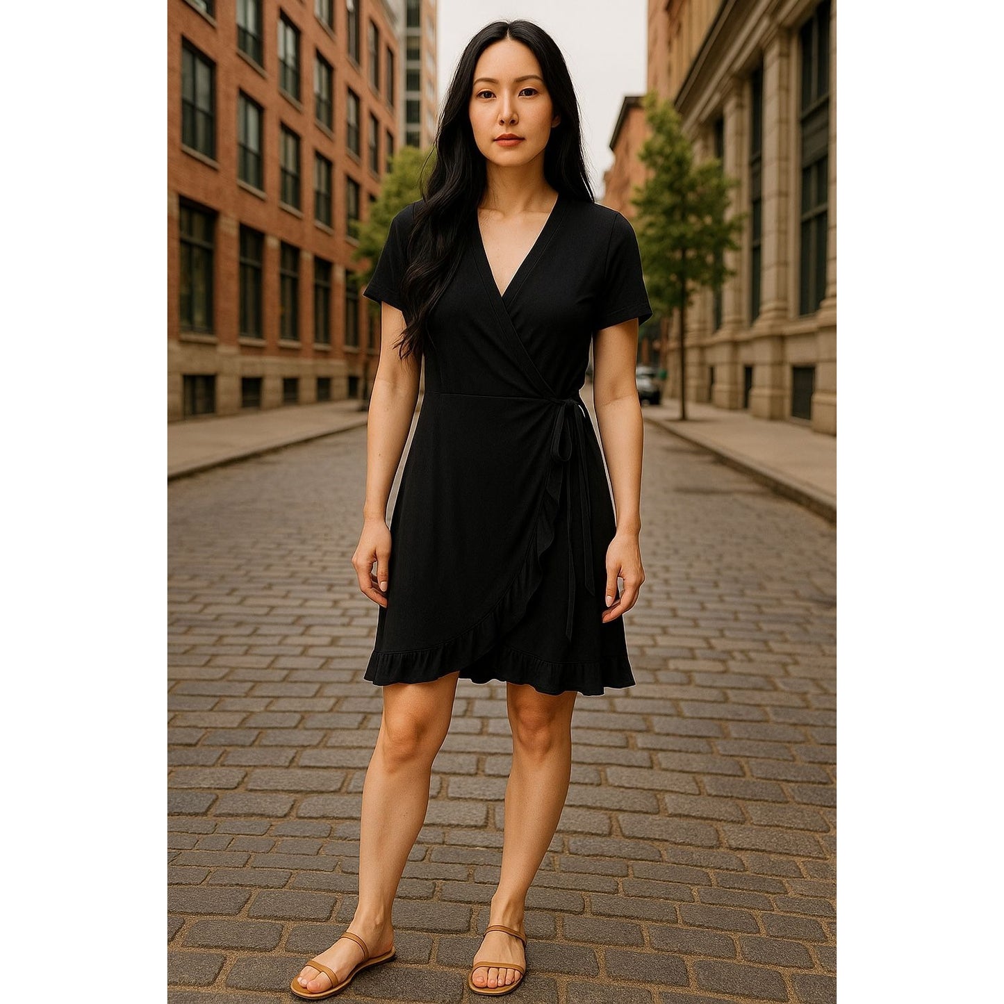 Abound Black Wrap Dress With Ruffle Hem Short Sleeves Women's Size M