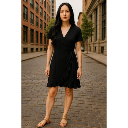 Abound Black Wrap Dress With Ruffle Hem Short Sleeves Women's Size M
