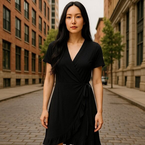 Abound Black Wrap Dress With Ruffle Hem Short Sleeves Women's Size M