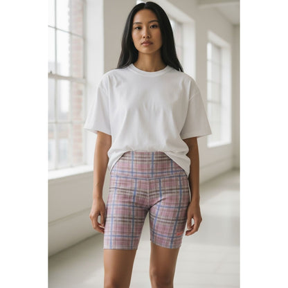 P.E Nation Overland Bike Shorts XS Fragrant Lilac Plaid High Waist Activewear