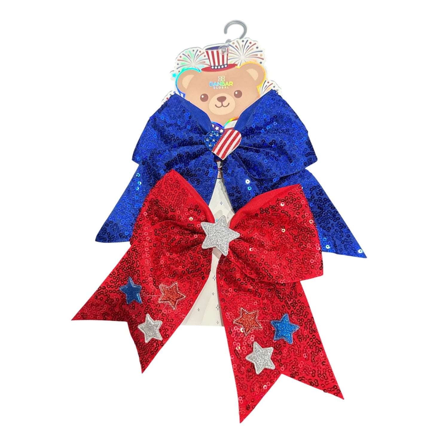 Patriotic Red & Blue Sequin Hair Bows With Glitter Stars 4th Of July Theme For Girls By Danbar Global