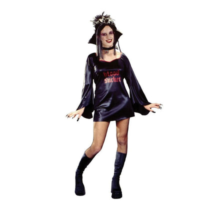 Blood Sucker Teen Vampiress Costume With Gothic Wet Look Mini Dress & Collar Medallion One Size Junior 0-9