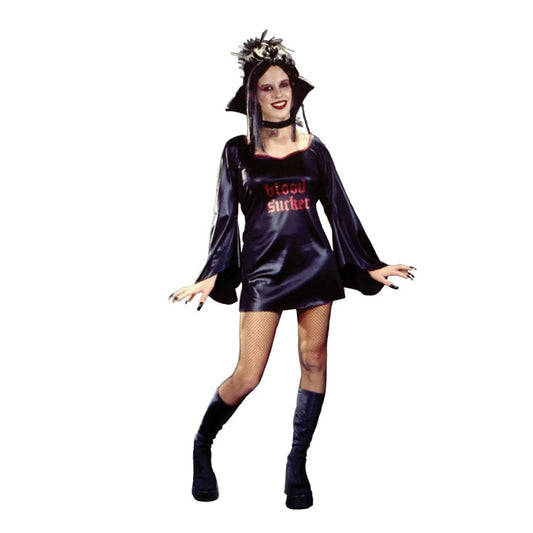 Blood Sucker Teen Vampiress Costume With Gothic Wet Look Mini Dress & Collar Medallion One Size Junior 0-9