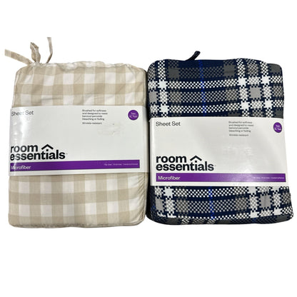 Set of 2 Room Essentials Twin XL Microfiber Sheet Sets Beige Checkered & Blue Plaid Wrinkle-Resistant
