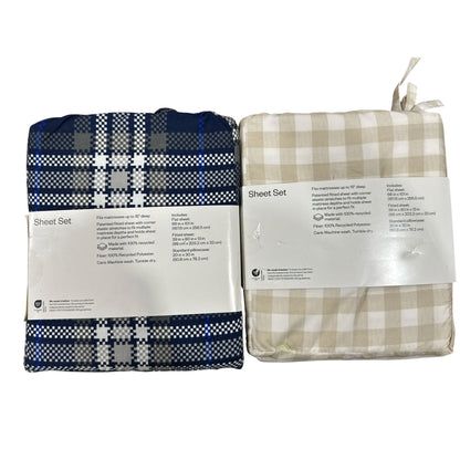 Set of 2 Room Essentials Twin XL Microfiber Sheet Sets Beige Checkered & Blue Plaid Wrinkle-Resistant