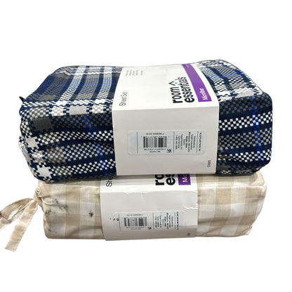Set of 2 Room Essentials Twin XL Microfiber Sheet Sets Beige Checkered & Blue Plaid Wrinkle-Resistant