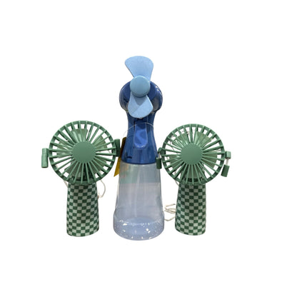 Sun Squad Spray Fan And 2 Rechargeable Portable Fans With Straps Blue And Green Checkered Design