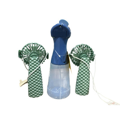 Sun Squad Spray Fan And 2 Rechargeable Portable Fans With Straps Blue And Green Checkered Design