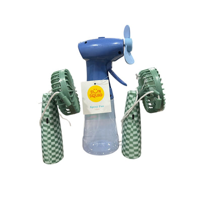 Sun Squad Spray Fan And 2 Rechargeable Portable Fans With Straps Blue And Green Checkered Design