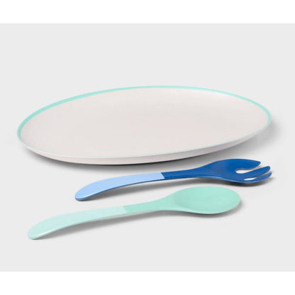 Serving Platter & Utensil Set - Oval Platter With Fork & Spoon In Blue & Green