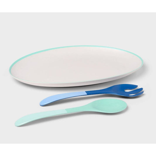Serving Platter & Utensil Set - Oval Platter With Fork & Spoon In Blue & Green