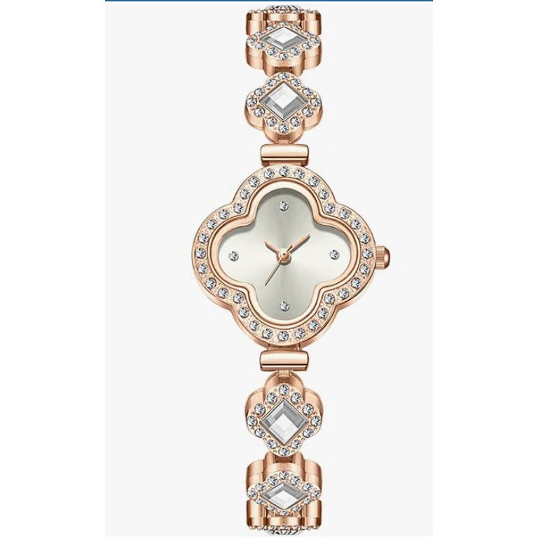Elegant Rose Gold Crystal Watch With Clover Dial & Diamond Accents For Women