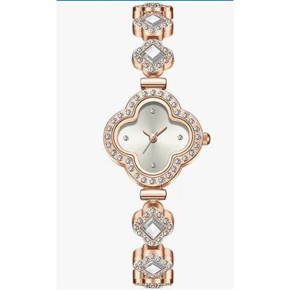 Elegant Rose Gold Crystal Watch With Clover Dial & Diamond Accents For Women