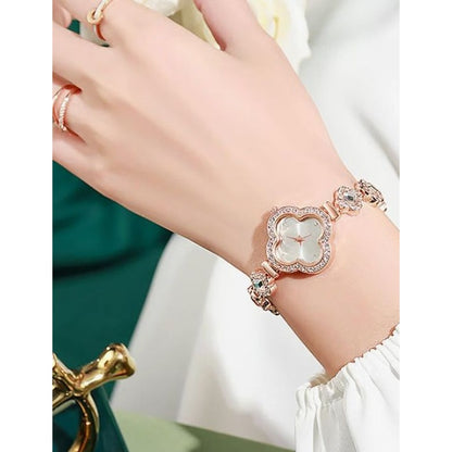 Elegant Rose Gold Crystal Watch With Clover Dial & Diamond Accents For Women