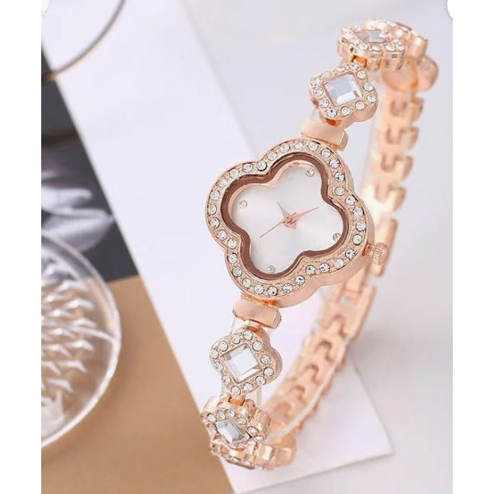 Elegant Rose Gold Crystal Watch With Clover Dial & Diamond Accents For Women