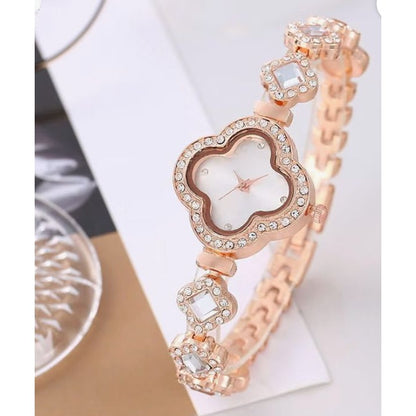 Elegant Rose Gold Crystal Watch With Clover Dial & Diamond Accents For Women