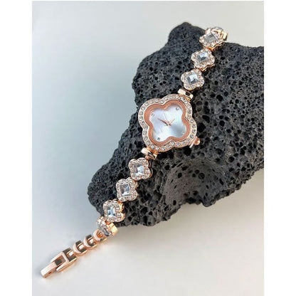 Elegant Rose Gold Crystal Watch With Clover Dial & Diamond Accents For Women