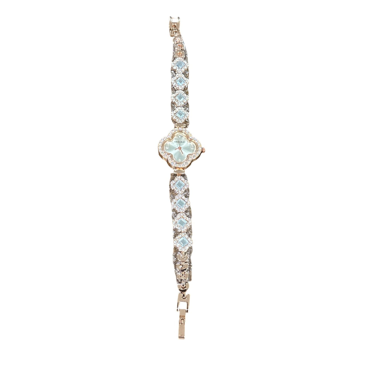 Elegant Rose Gold Crystal Watch With Clover Dial & Diamond Accents For Women