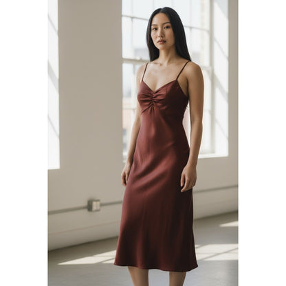 Melrose & Market Rust Red Satin Midi Slip Dress With Ruched Front Detail & Adjustable Spaghetti Straps - Size Small
