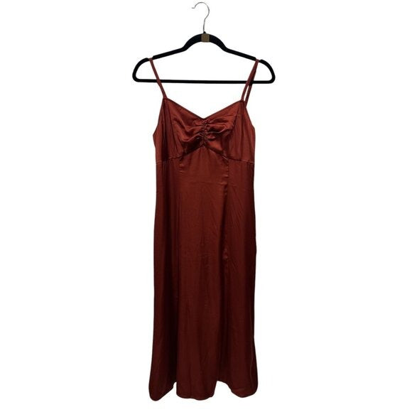 Melrose & Market Rust Red Satin Midi Slip Dress With Ruched Front Detail & Adjustable Spaghetti Straps - Size Small