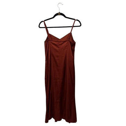 Melrose & Market Rust Red Satin Midi Slip Dress With Ruched Front Detail & Adjustable Spaghetti Straps - Size Small