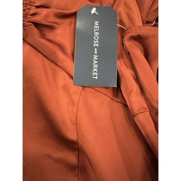 Melrose & Market Rust Red Satin Midi Slip Dress With Ruched Front Detail & Adjustable Spaghetti Straps - Size Small