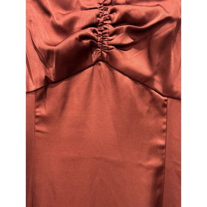 Melrose & Market Rust Red Satin Midi Slip Dress With Ruched Front Detail & Adjustable Spaghetti Straps - Size Small