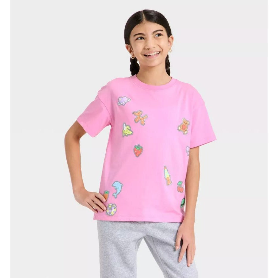 Cat & Jack Kids Pink Graphic T-Shirt XS (4/5) With Fun Glitter Accents Made With Oeko-Tex Certified Materials
