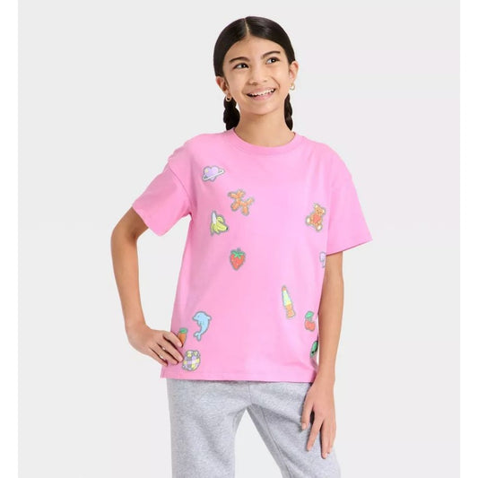 Cat & Jack Kids Pink Graphic T-Shirt XS (4/5) With Fun Glitter Accents Made With Oeko-Tex Certified Materials
