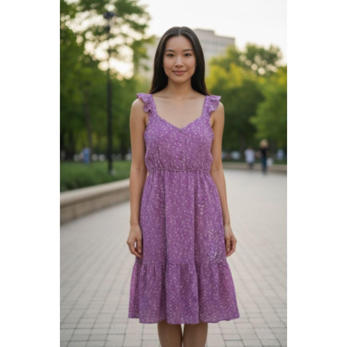 BB Dakota By Steve Madden Purple Floral Dress Ruffle Straps Smocked Back Tiered Hem Size M