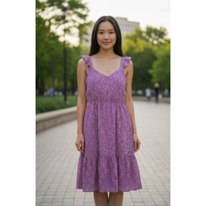 BB Dakota By Steve Madden Purple Floral Dress Ruffle Straps Smocked Back Tiered Hem Size M