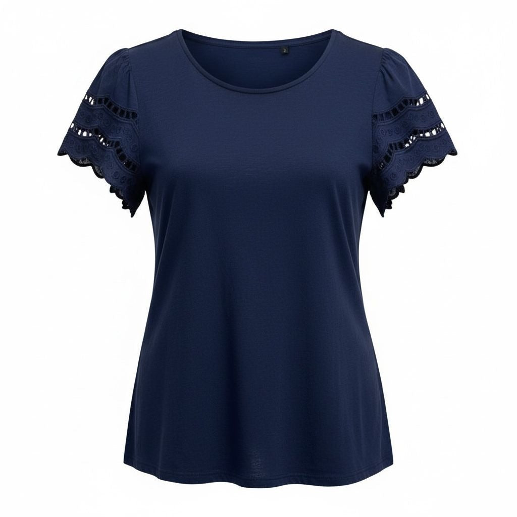 St. Johns Bay Women's Navy Blue Lace Sleeve Cotton T-Shirt IX