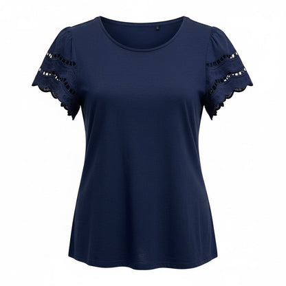 St. Johns Bay Women's Navy Blue Lace Sleeve Cotton T-Shirt IX