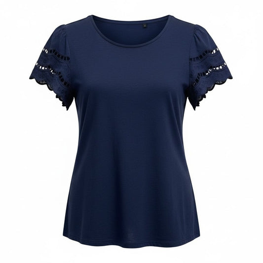 St. Johns Bay Women's Navy Blue Lace Sleeve Cotton T-Shirt IX