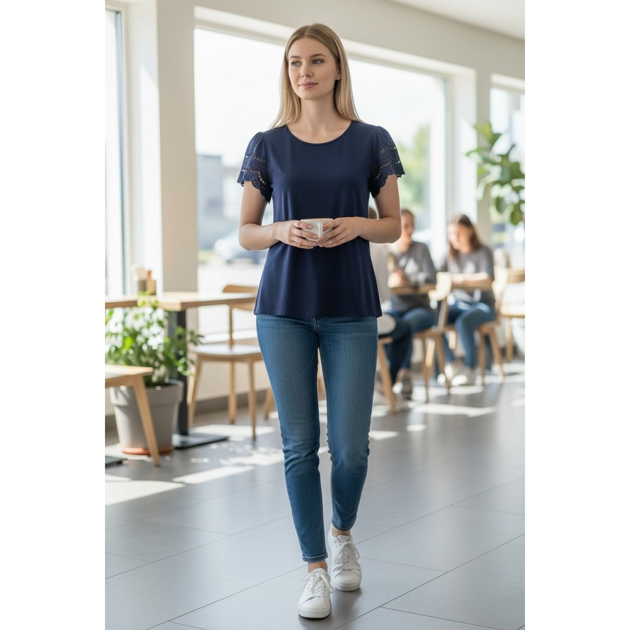 St. Johns Bay Women's Navy Blue Lace Sleeve Cotton T-Shirt IX
