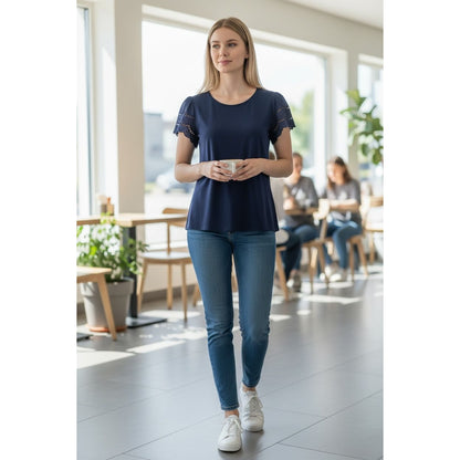 St. Johns Bay Women's Navy Blue Lace Sleeve Cotton T-Shirt IX