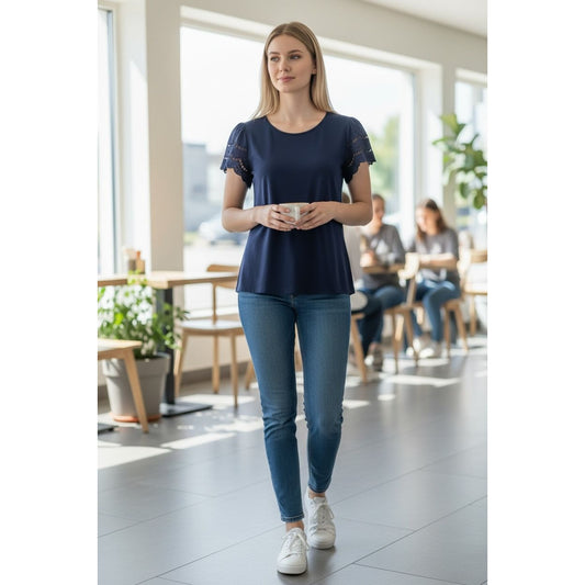 St. Johns Bay Women's Navy Blue Lace Sleeve Cotton T-Shirt IX
