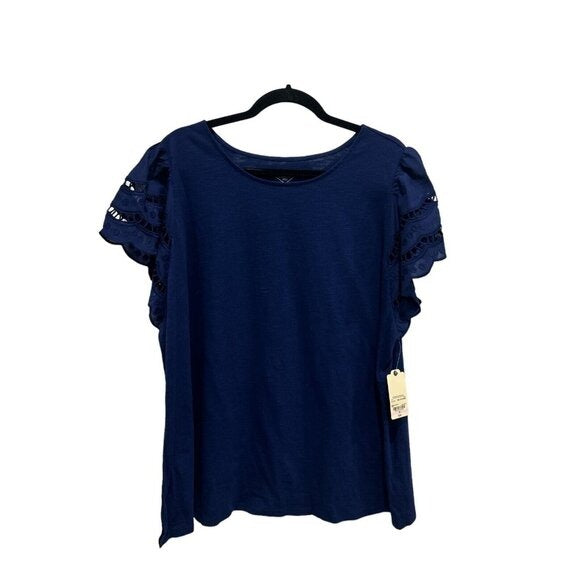 St. Johns Bay Women's Navy Blue Lace Sleeve Cotton T-Shirt IX