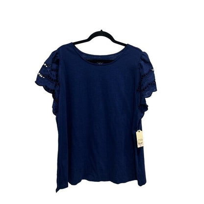 St. Johns Bay Women's Navy Blue Lace Sleeve Cotton T-Shirt IX