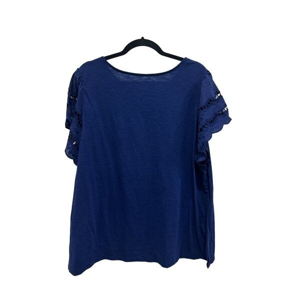 St. Johns Bay Women's Navy Blue Lace Sleeve Cotton T-Shirt IX